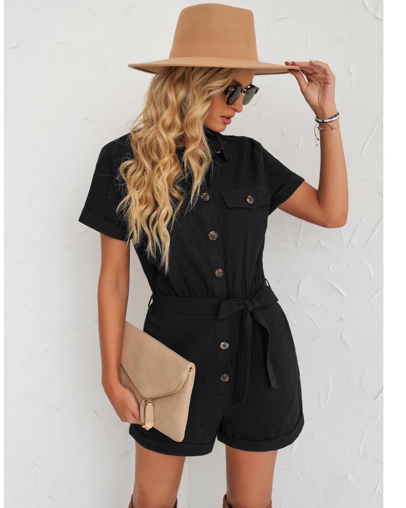 GRAPENT Women's Black Summer Casual Short Sleeves Button Down Pocket Belted Jumpsuits Rompers Size Large (Fits US 12-14) - Image 4